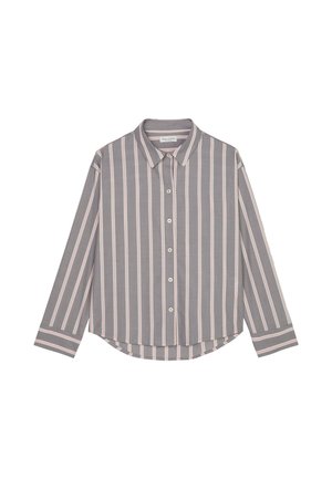 Knoopovershirt van lichtgewicht stof, met verticale grijze en roze strepen, een klassieke kraag en een gebogen onderkant met lange mouwen.