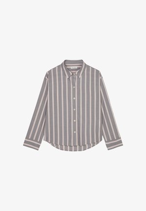 Button-up shirt made from lightweight fabric, featuring vertical grey and pink stripes, a classic collar, and a curved hem with long sleeves.