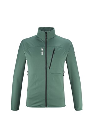 Veste verte à texture avec un col montant, fermeture éclair avant intégrale et poche poitrine zippée. Logo de la marque affiché sur le côté gauche.