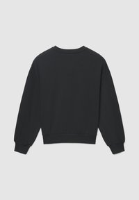 Sweat-shirt noir à manches longues en forme de ballon, col rond et taille ajustée. Fabriqué en coton doux, design minimaliste.