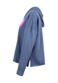 Kapuzensweatshirt aus dunkelblauem Baumwollstoff, mit leuchtend pinken und orangefarbenen kreisförmigen Designs. Verfügt über gerippte Bündchen und Seitenschlitze für eine legere Passform.
