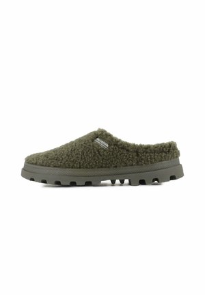 Olive green slip-on shoes with a fuzzy texture, rubber sole, and slight heel. Features a logo label on the side.