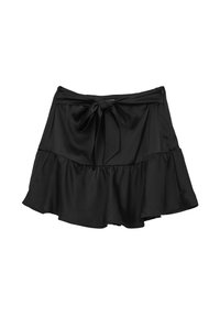 Jupe évasée noire en tissu lisse, avec une taille nouée et un ourlet volanté. Design simple et polyvalent.