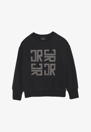 Felpa nera a collo rotondo con motivo geometrico di punti bianchi che formano forme astratte sulla parte anteriore, maniche lunghe e polsini e orlo a coste.