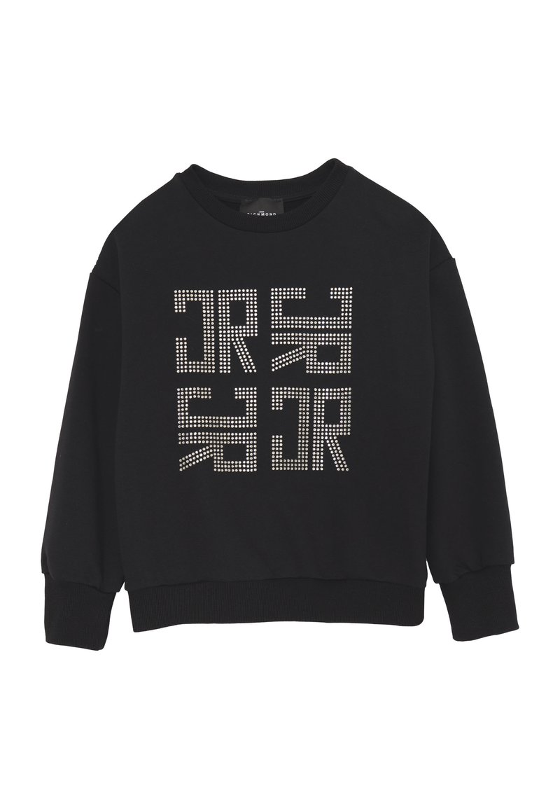 Felpa nera a collo rotondo con motivo geometrico di punti bianchi che formano forme astratte sulla parte anteriore, maniche lunghe e polsini e orlo a coste.