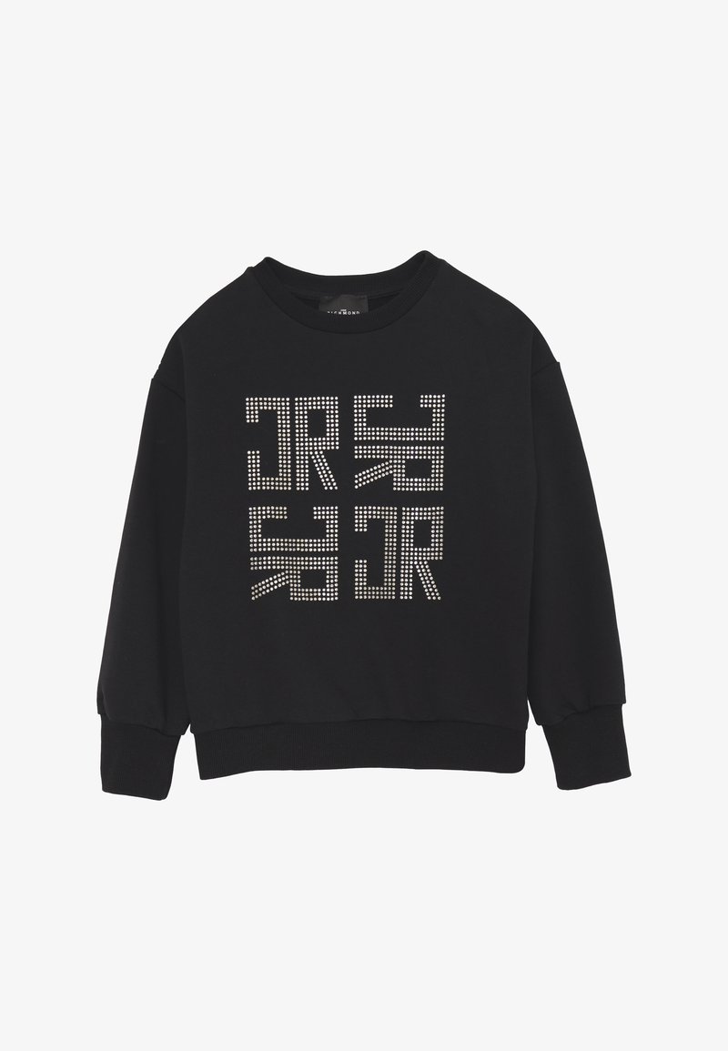 Felpa nera a collo rotondo con motivo geometrico di punti bianchi che formano forme astratte sulla parte anteriore, maniche lunghe e polsini e orlo a coste.