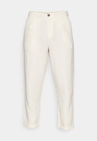 Ljusbeige linnbyxor med hög midja, veck framtill och uppvikta fållar. Har en enkel knappstängning och sidofickor.