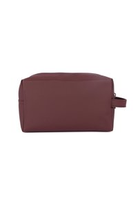 Borsa da toilette in similpelle color bordeaux con forma rettangolare, chiusura a zip e maniglia laterale per un facile trasporto. Texture liscia.