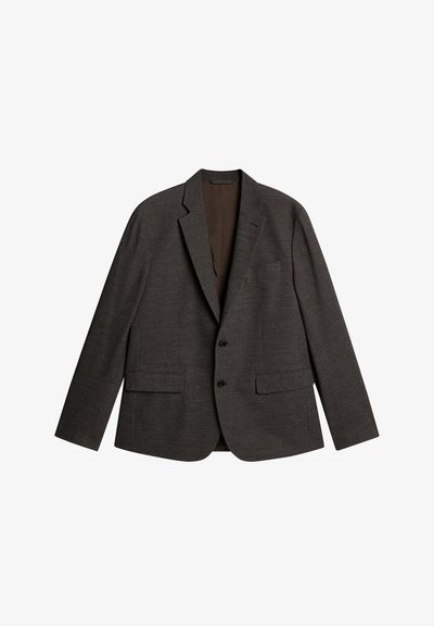 Braun kariertes Blazer mit zwei Fronttaschen, einem Schlitz und zweiknöpfigem Verschluss. Glatte Textur mit einem braunen Innenfutter.