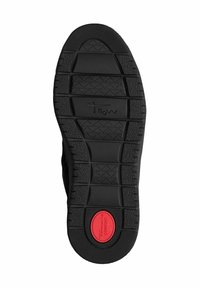 Suola di scarpa nera con gomma testurizzata per una presa ottimale, motivo a forma di diamante e un accento circolare rosso con la scritta "comfort".