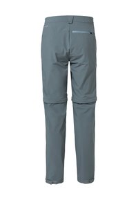 Lichtgrijze convertible broek van zachte, lichte stof, met een ritszak op de rug en verstelbare zoomdetails.