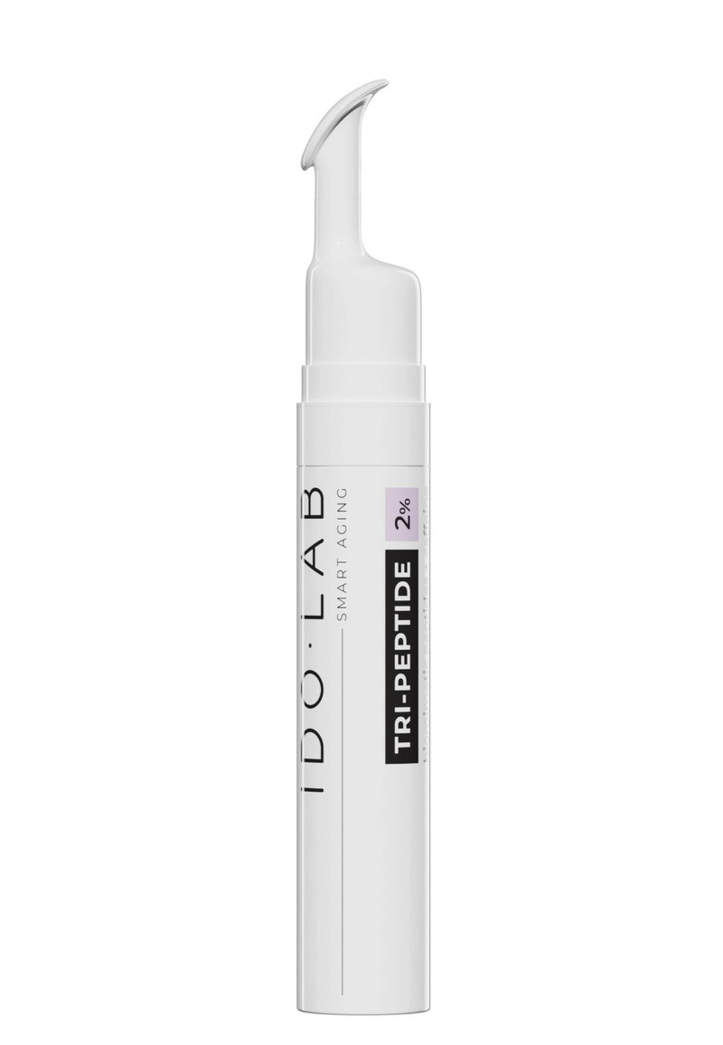 Weißer zylindrischer Behälter mit einer gebogenen Applikatorspitze, beschriftet mit "IDO LAB TRI-PEPTIDE 2%", ausgestattet mit einem eleganten, modernen Design.