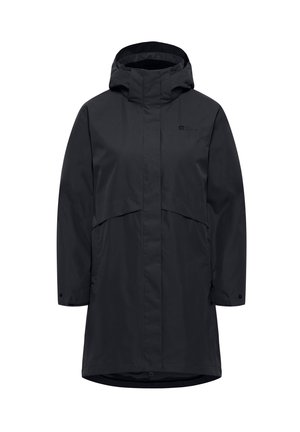 Schwarze wasserdichte Parka mit Kapuze, ausgestattet mit einem Reißverschluss auf der Vorderseite, Druckknopfverschlüssen und einer leicht oversized Silhouette. Glatte, matte Textur.