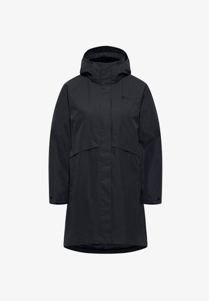 Zwarte waterdichte parka met capuchon, voorzien van een voorkeursrits, drukknopen en een iets oversized silhouet. Gladde, matte textuur.