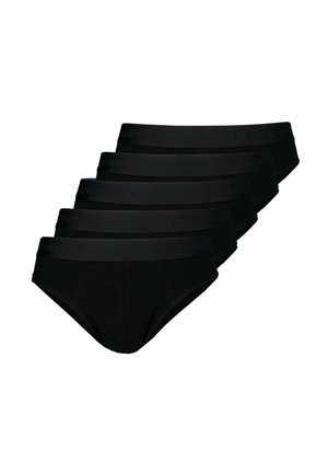 Czarny zestaw bawełnianych majtek z szerokim elastycznym pasem z subtelnym logo. Pięć identycznych par, zaprojektowanych dla wygody i dopasowania.