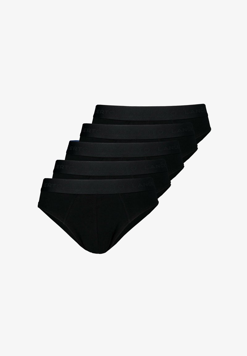 Czarny zestaw bawełnianych majtek z szerokim elastycznym pasem z subtelnym logo. Pięć identycznych par, zaprojektowanych dla wygody i dopasowania.