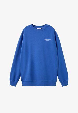 Felpa blu girocollo con maniche lunghe, polsini a costine e testo "MEDITERRÁNEO Beach Club" sul petto a sinistra.