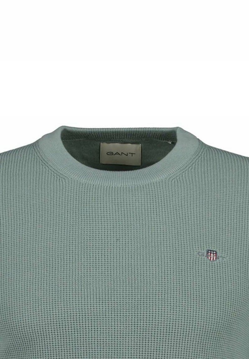 Maglione verde chiaro a maglia lavorata con girocollo, con piccolo patch logo ricamato sul petto e etichetta del marchio GANT all'interno del colletto.