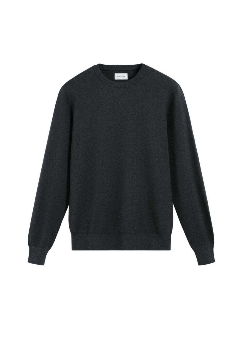 Pulover negru cu guler rotund, realizat dintr-un material tricotat moale. Dispune de mâneci lungi și un tiv și manșete cu nervuri pentru un aspect ajustat. Fără modele.