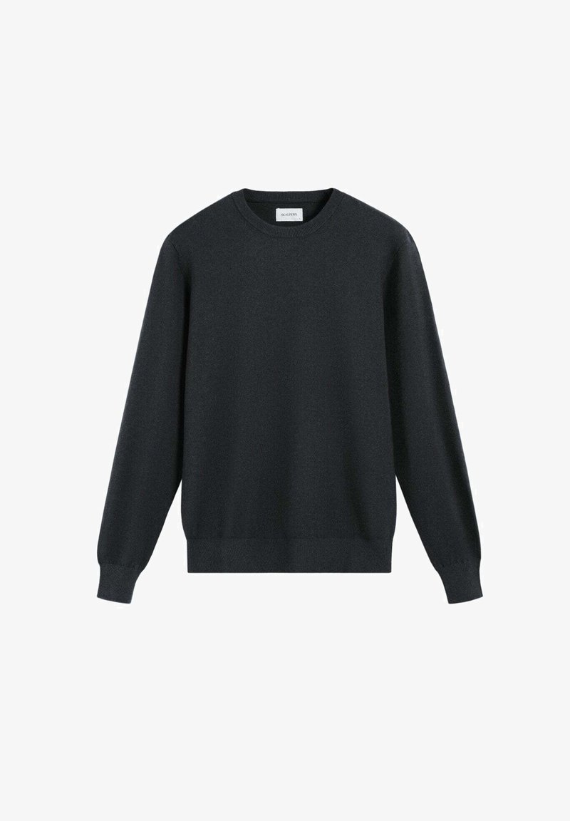 Zwarte crewneck trui van zachte gebreide stof. Heeft lange mouwen en een geribbelde zoom en manchetten voor een aansluitende look. Geen patronen.