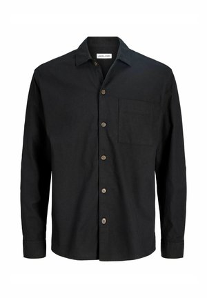 Zwart katoenen shirt met lange mouwen, voorzien van een puntige kraag, een voorzak, vijf bruine knopen en een rechte zoom.