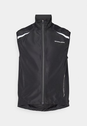 Black cycling vest with a high collar, front zipper, reflective white accents, and textured shoulder detailing. Features a rounded hem at the back.