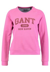 Felpa rosa realizzata in morbido tessuto, con collo a giro e maniche raglan. Il testo sul davanti riporta "GANT 1949 NEW HAVEN" in lettere marroni.