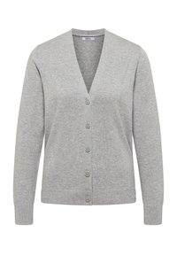 Cardigan grigio lavorato a maglia con scollo a V, maniche lunghe e chiusura frontale a sei bottoni. Polsini e orlo a costine per una maggiore texture.