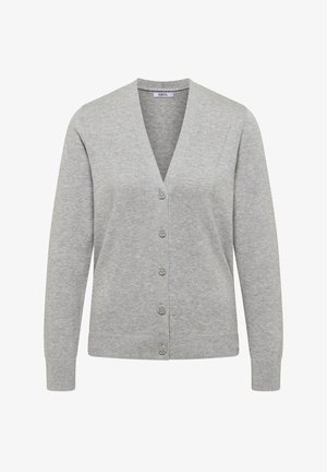 Cardigan en tricot gris avec un col en V, des manches longues et une fermeture à l'avant avec six boutons. Poignets et ourlet côtelés pour plus de texture.