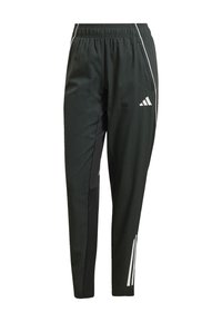 Pantalons de sport noirs avec une finition texturée, présentant des accents blancs, une taille élastique et des bandes latérales. Fabriqués en tissu léger.