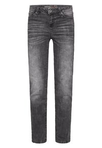 Jeans de mezclilla gris con corte slim, con un ligero desgaste, diseño estándar de cinco bolsillos, cierre de botón y trabillas en la cintura.