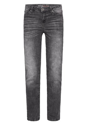 Jeans de mezclilla gris con corte slim, con un ligero desgaste, diseño estándar de cinco bolsillos, cierre de botón y trabillas en la cintura.
