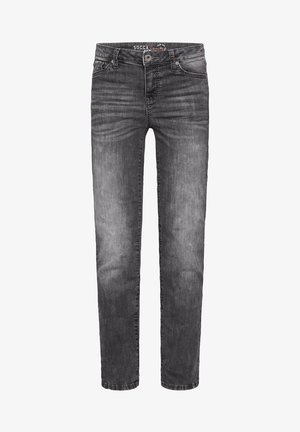 Szare dżinsy o slim fit, z lekkim wyblaknięciem, standardowym pięciopocketowym kroju, z zapięciem na guzik i szlufkami na pasek w talii.