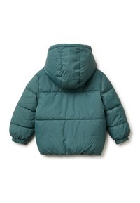 Türkiser Steppjacke mit Kapuze, die ein gestepptes Design, elastische Bündchen und eine abgerundete Rückensilhouette aufweist. Weicher, glatter Stoff.