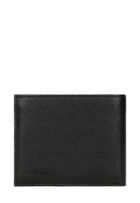 Zwarte leren portemonnee met een gestructureerd oppervlak, bi-fold ontwerp en reliëflogo. Glad afgewerkte randen en minimalistische stijl, geschikt voor kaarten en geld.
