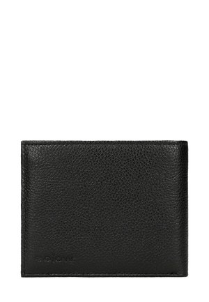 Portefeuille en cuir noir avec une surface texturée, design pliable en deux et logo en relief. Bords lisses et style minimaliste, adapté pour les cartes et l'argent.