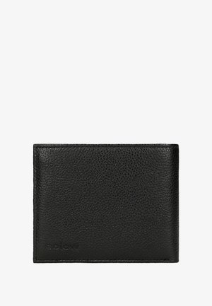 Black leather wallet with a textured surface, bi-fold design, and embossed logo. Smooth edges and minimalistic style, suitable for cards and cash.