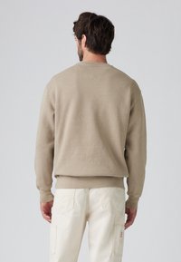 Beige pullover sweatshirt met een ronde hals, lange mouwen en ribgebreide boorden, ontworpen in een zachte, gestructureerde stof.