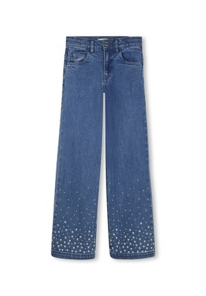 Blauwe wijduitlopende spijkerbroek met een vervaagde afwerking en versierd met zilveren studs bij de zoom, voorzien van voorzakken en een knoopsluiting.