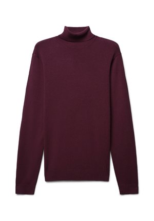 Maglione a collo alto color bordeaux realizzato in tessuto morbido, caratterizzato da maniche lunghe, polsini a coste e design aderente. Senza motivi o dettagli in metallo visibili.