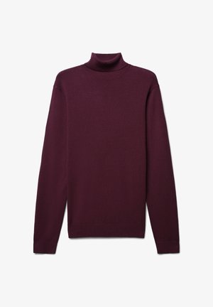 Maglione a collo alto color bordeaux realizzato in tessuto morbido, caratterizzato da maniche lunghe, polsini a coste e design aderente. Senza motivi o dettagli in metallo visibili.