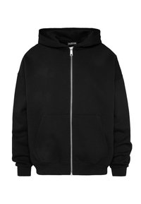 Black zip-up hoodie made of soft fabric, featuring a front pocket, ribbed cuffs, and a drawstring hood. Minimalist design, no patterns.