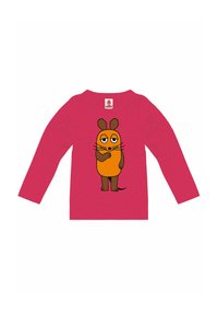 Rotes Langarmhemd mit einem Cartoon-Orange-Maus, die braune Ohren und Gliedmaßen hat, eine Hand erhoben, die an ihrem Kinn ruht und Nachdenklichkeit ausdrückt.