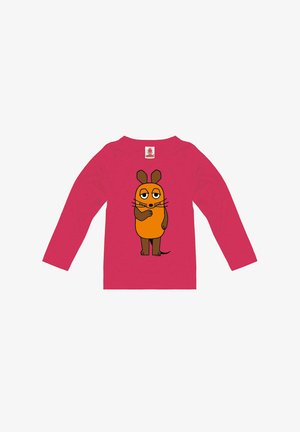 Red long-sleeve shirt featuring a cartoon orange mouse with brown ears and limbs, one hand raised to its chin, expressing thoughtfulness.