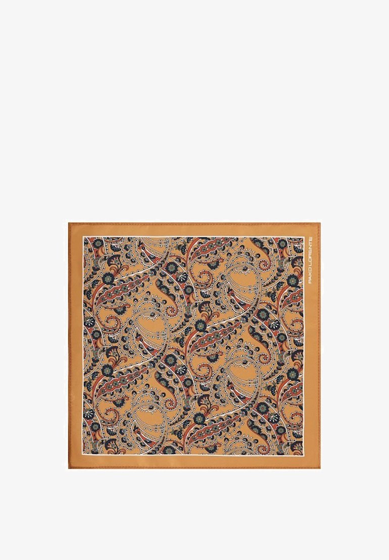 Jedwabny szalik z wzorem paisley w ciepłym pomarańczowym, granatowym i zielonym kolorze, obramowany wąską białą linią oraz solidną pomarańczową ramką.