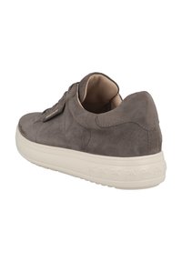 Gray suede sneaker with a rounded toe, padded collar, and a white rubber sole, featuring discreet branding on the side and tongue.