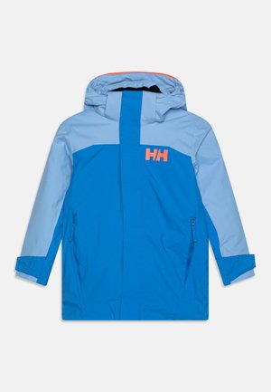 Blå och ljusblå vattentät jacka med huva, med en orange logotyp, zip-pocketar och justerbara ärmslut.