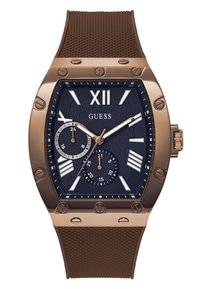 Braun Silikonarmbanduhr mit einem dunkelblauen strukturierten Zifferblatt, römischen Ziffern als Markierungen und zwei Subdials mit silbernen Akzenten und Schrauben.