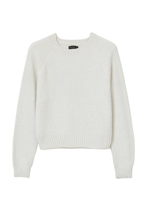 Maglione grigio chiaro lavorato a maglia con collo a giro, orlo e polsini a costine, caratterizzato da un motivo testurizzato e maniche raglan per una vestibilità comoda.