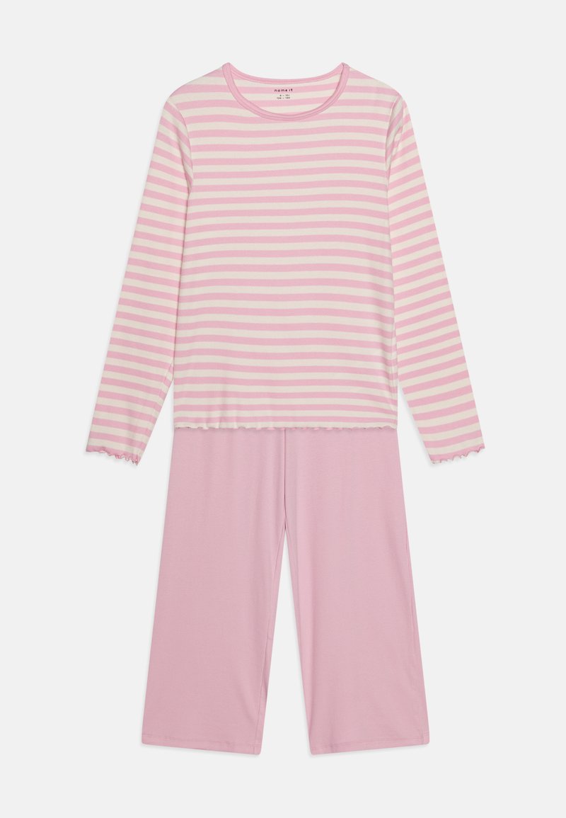 Long-sleeve, striped pajama top in pale pink and white, paired with solid pink wide-leg pants. Soft cotton fabric with scalloped hems.